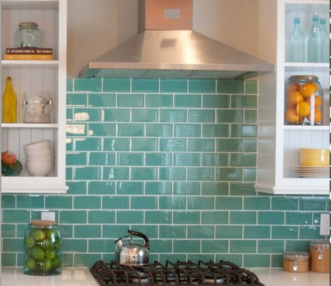 Turquoise Subway Tile Kitchen, Teal Subway Tile Kitchen, Teal Subway Tile, Teal Glass Tile, Glass Tile Backsplash Kitchen, Green Subway Tile, Subway Backsplash, Blue Subway Tile, Turquoise Tile