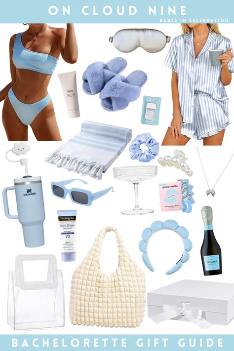 Gift guide for the perfect On Cloud Nine bachelorette party weekend. This bachelorette theme is full of coastal blues and cozy details. Our favors and gift guides have everything you need for your Match Made in Heaven bachelorette party weekend. All items can be found on Amazon or Etsy! Beach Bach Gifts, Coastal Grandma Bachelorette Outfits, Beach Bachelorette Favors, Newport Beach Bachelorette Party, The Bride Is On Cloud 9 Bachelorette, Coastal Granny Bachelorette, Dreaming Of I Do Bachelorette, Ocean Bachelorette Party, Coastal Bachelorette Party Theme