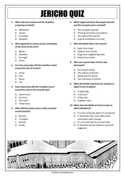 Looking for a fun and interactive way to teach your teens about The Battle of Jericho in Joshua 6? Look no further! This quiz worksheet from Trueway Teens is the perfect tool for at-home or church Bible lessons. It's educational, engaging, and completely free to print out. Give your teens a hands-on learning experience with this exciting Bible lesson! Joshua And The Battle Of Jericho Worksheet, Jericho Bible Craft, Jericho Craft Sunday School, Joshua And The Battle Of Jericho, Joshua And The Battle Of Jericho Craft, Battle Of Jericho Activities, Joshua Jericho, Bible Lessons For Teens, Christian Games