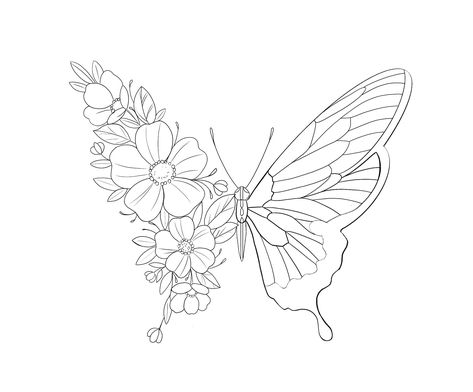 Simple Butterfly Embroidery Designs, Butterfly Wings Drawing Simple, Flowers And Butterflies Drawing, Butterfly And Flowers Drawing, Butterfly With Flowers Drawing, Flower Butterfly Drawing, Butterfly Flower Tattoo Design, Flower Butterfly Tattoo, Butterfly With Flowers