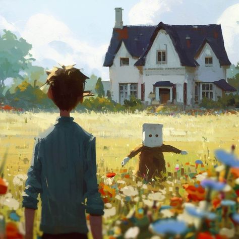 A man looking at a scarecrow in a flower field  in front of a house, a storybook illustration by Nathan Oliveira, featured on pixiv, american scene painting, storybook illustration, official art, detailed painting House Digital Painting, Outside Reference, The Scarecrow, Dreamy Art, Environment Concept Art, Environmental Art, Art Background, Scarecrow, Art Reference Photos