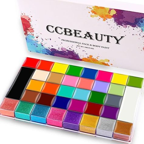 CCbeauty Professional 36 Colors Face Body Paint Oil Based, Large Face Painting Palette Kit (8 Pearl Shimmer + 6 UV Glow + 22 Regular Colors), Safe Non-Toxic Hypoallergenic Neon Pigmented Body Paints for Halloween SFX Special Effects Costume Cosplay Makeup Halloween Sfx, Professional Face Paint, Waterproof Makeup Remover, Joker Makeup, Face Paint Kit, Black And White Face, Painting Palette, Cream Makeup, Waterproof Makeup