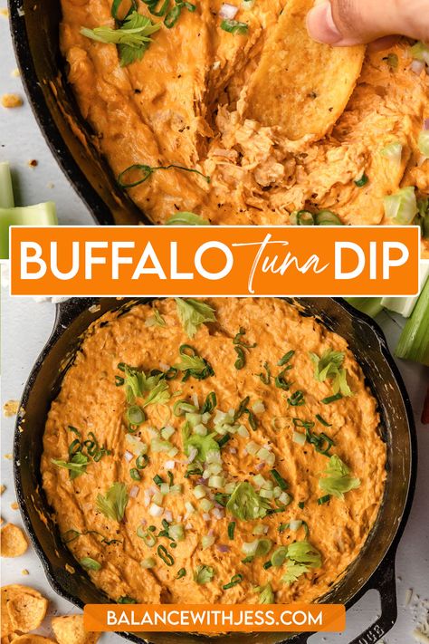 This easy Buffalo Tuna Dip is a fun twist on Buffalo Chicken Dip! Canned tuna adds a subtle umami & boost of flavor, plus it's affordable & convenient! This creamy, cheesy snack only takes 20 minutes & 10 simple ingredients. It's the perfect appetizer for game night, Super Bowl, potlucks, holidays, & parties! Gluten free, less than 30. minutes, one pot, one pan. Salmon Buffalo Dip, Tuna Buffalo Dip, Buffalo Tuna Recipe, Pescatarian Dinners, Protein Dips, Buffalo Tuna, Tuna Dip, Tuna Dinners, Tuna Fish Recipes