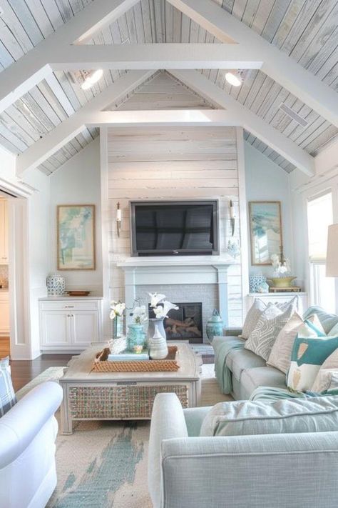 Coastal Basement, Small Cottage Exterior, Cottage Exterior Design, Small Coastal Cottage, Beach Cottage Ideas, Lake House Living Room, Rose Bedroom, Tiny Farmhouse, Victorian House Interiors