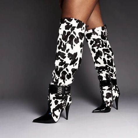 10% OFF 1ST ORDER Black And White High Heels, Comfortable Womens Boots, Tea Outfit, Black And White Cow Print, White Cow Print, Heels Comfortable, Black And White Cow, Black And White Heels, Big Butterfly