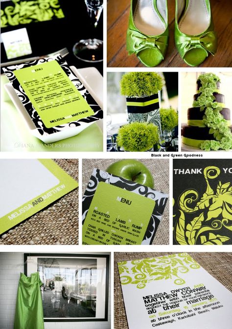 Cocoa Berry Design: Black and Green Goodness Green Wedding Theme Groom, Black And Lime Green Wedding, Black And Silver Wedding Theme, Black And Green Wedding Theme, Green And Black Party, Lime Green Wedding Theme, Black And Green Wedding, Earthy Wedding Dresses, Green Wedding Theme