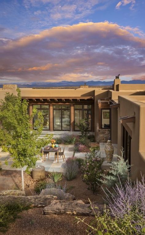 Southwest Home Exterior, Southwest Home Design, Stucco And Stone Exterior, Santa Fe Style Homes, Santa Fe Home, New Mexico Style, New Mexico Homes, Santa Fe Style, Adobe House