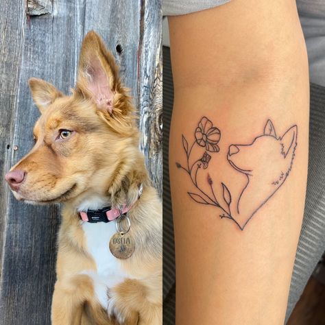 Dog tattoo with birth flower Two Dog Memorial Tattoos, Flower Dog Tattoo Ideas, Memorial Animal Tattoos, Dog Tattoo Ideas With Flowers, Daisy And Dog Tattoo, Tattoo Ideas For A Dog, Per Memorial Tattoo, Lab Fine Line Tattoo, Dog Silhouette Tattoo With Flowers