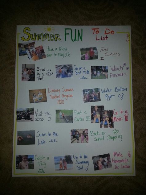 Summer Fun To Do List -made list at beginning of summer on poster board. Took a picture doing each activity and printed off. Memories made! Fun To Do List, Poster Board, To Do List, Fireworks, Summer Fun, Photo Wall, Balloons