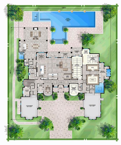 Coastal, Contemporary House Plan 52959 with 5 Beds, 8 Baths, 4 Car Garage Level One 10000 Sq Ft House Plans, 5000 Sq Ft House Plans, 8 Bedroom Mansion Floor Plans, California Mansion Floor Plan, 5 Bedroom House Floor Plan 2 Story With Pool, Florida Mansion Floor Plans, 6 Bedroom House Plans 2 Story Modern With Pool, Mansion Floor Plan, Coastal Contemporary