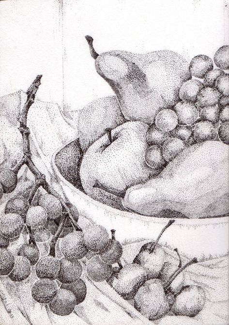 Pointillism Still Life, Pointilism Art Ideas, Fruit Bowl Still Life, Fruit Bowl Drawing, Pointilism Art, Bowl Still Life, Pointalism Art, Micron Pen Art, Stippling Drawing