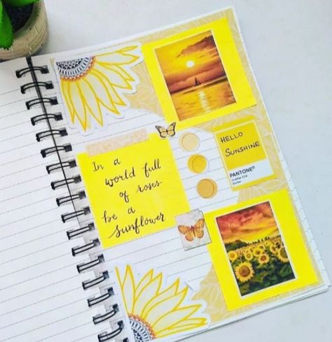 Yellow theme journal Yellow Journal Design, Writing Journal Decoration Ideas, Yellow Border Design For Project, Yellow Theme Journal Ideas, Yellow Portfolio Design, Journal Theme Ideas Aesthetic, Yellow Journal Aesthetic, Journal Ideas Yellow, Yellow Aesthetic Journal