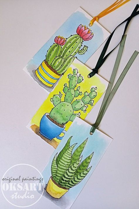 Homemade Bookmark, Plant Bookmark, Homemade Bookmarks, November Crafts, Cactus Gifts, Watercolor Succulents, Watercolor Bookmarks, Diy Bookmarks, Bookmarks Handmade