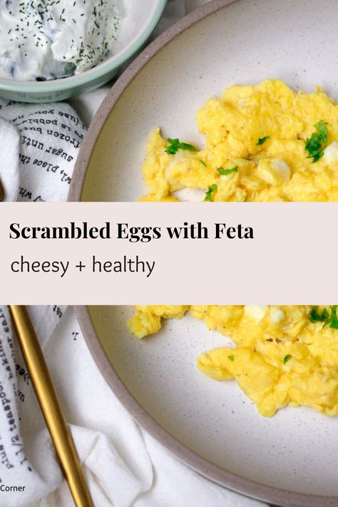 These Cheesy Scrambled Eggs are so fluffy and delicious. They are made with feta cheese and pair well with a veggie salad for a nutritious breakfast. Cheese Scrambled Eggs, Wellness Corner, Breakfast Eggs Scrambled, Cheesy Scrambled Eggs, Scrambled Eggs With Cheese, Fluffy Scrambled Eggs, Eggs Recipes, Clean Breakfast, Scrambled Eggs Recipe