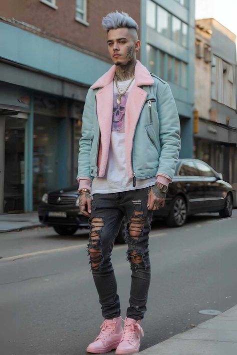 Vaporwave Outfit Men, Pastel Goth Men, Pastel Goth Male, Cyberpunk Outfit Male, Goth Boy Outfits, Mens Alternative Fashion, Goth Male, Pastel Goth Boy, Cyberpunk Outfit