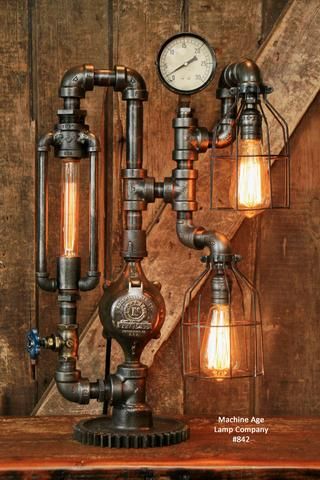 Table Lamp Ideas, Industrial Lamp Design, Steampunk Bedroom, Diy Industrial Lighting, Steampunk Desk, Steampunk Table, Steampunk Table Lamp, Industrial Pipe Lamp, Steampunk Furniture