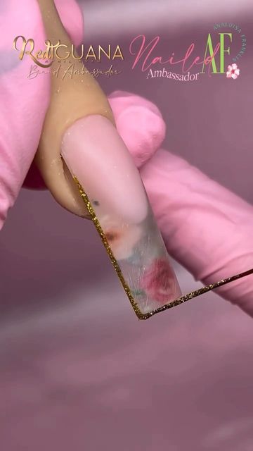 Encapsulated Nails French Tip, How To Do Floral Nails, Nail Design With Foil, Encapsulated Nails Design, Encapsulated French Nails, Encapsulated Nails Flowers French Tip, Floral Encapsulated Nails, Encapsulated Flower Nails Acrylics, Encapsulated Foil Nails