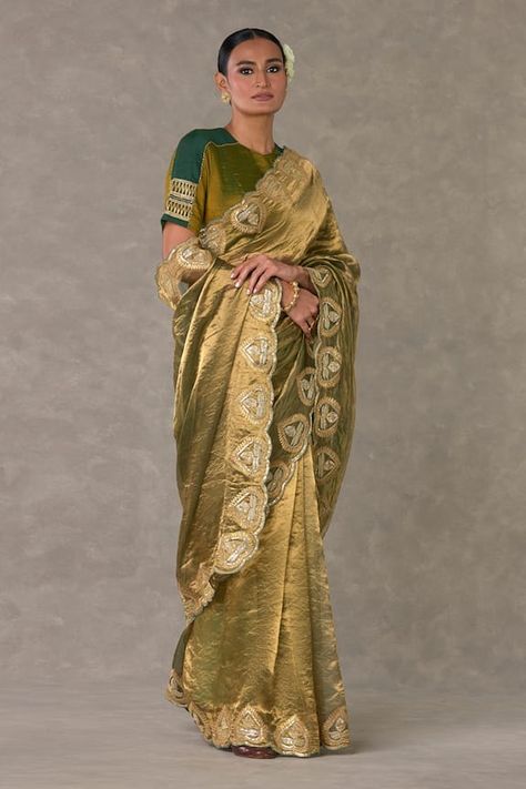 Green tissue saree with paan design border, contrast metallic gota and pitta embroidery. Paired with half sleeve blouse with color block patch work details, gota and sitara embroidery. - Aza Fashions Green Tissue Saree, Caribbean Fashion, House Of Blouse, Tissue Saree, Half Sleeve Blouse, Indian Textiles, Elegant Saree, Lakme Fashion Week, Blouse For Women