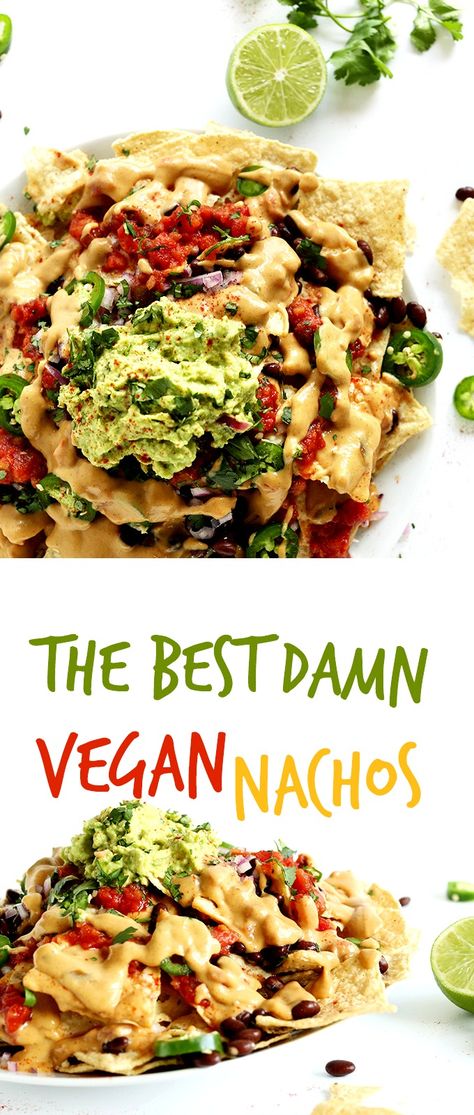 The BEST Damn Vegan nachos with Creamy Cashew-LESS Vegan Cheese and 3-ingredient guacamole. SO simple, tasty and satisfying. #vegan #glutenfree Viral Food, Vegan Nachos, Vegan Mexican, Vegan Appetizers, Vegan Cooking, Vegan Foods, Vegan Cheese, Vegan Snacks, Vegan Dishes