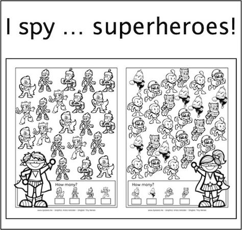 Here is another “I spy…” freebie. Children simply love them. This time it is about “I spy … superheroes”. Print them out, color, count and simply enjoy all the fun. At the same time, children train attention, visual perception and fine motor skills. Grab this freebie here: I spy … superheroes More freebies Superhero Worksheets Free Printable, Superhero Snacks, Superhero Camp, Super Hero Activities, Super Hero Day, Superhero Classroom Theme, Vision Therapy, Superhero Classroom, Super Hero Theme