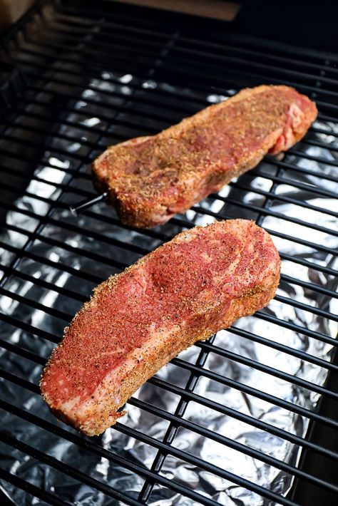 Boneless NY strip steaks smoking on Traeger Pellet Smoker New York Steak Recipe, Ny Strip Steak Recipes, Reverse Sear Steak, Ny Steak, Pit Boss Pellet Grill, Foods Dinner, Ways To Cook Steak, Strip Steaks, New York Strip Steak