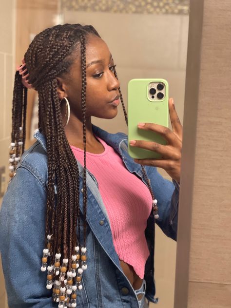 Braids With Clips Black Women, Medium Knotless Braids Beads, Claw Clip Hairstyles Braids With Beads, Pick A Boo Hair Color Ideas Braids, Knotless Braids With Clip, Light Brown Knotless Braids With Beads, Smeduiem Knotless With Beads, Braids With Beads Claw Clip, Long Braids Beads