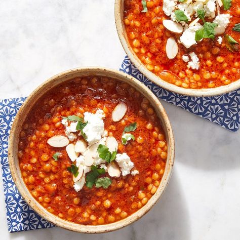 Recipe: Pearl Couscous & Romesco Soup with Feta & Almonds - Blue Apron Blue Apron Recipes, Pearl Couscous, Romesco Sauce, Hearty Soup, Fiber Foods, Roasted Almonds, Hearty Soups, Quick Cooking, Healthy Soup