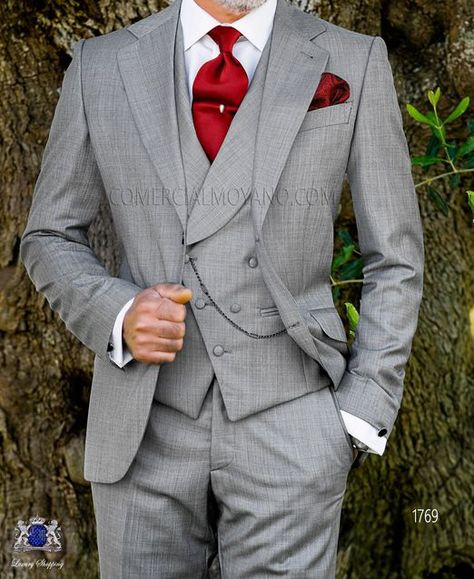 Gray suit, red tie set Gray Suit Red Tie, Red Tie Aesthetic, Tie With Grey Suit, Red Tux Prom, Light Grey Suit Men, Suit Red Tie, Tie Aesthetic, Suit And Tie Men, Suit With Red Tie