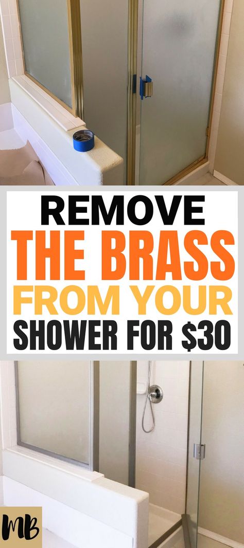 How to paint a brass shower enclosure #showermakeover Diy Shower Door, Shower Frame, Chrome Bathroom Fixtures, Brass Bathroom Fixtures, Shower Makeover, Painting Shower, Door Diy, Brass Shower, Diy Shower