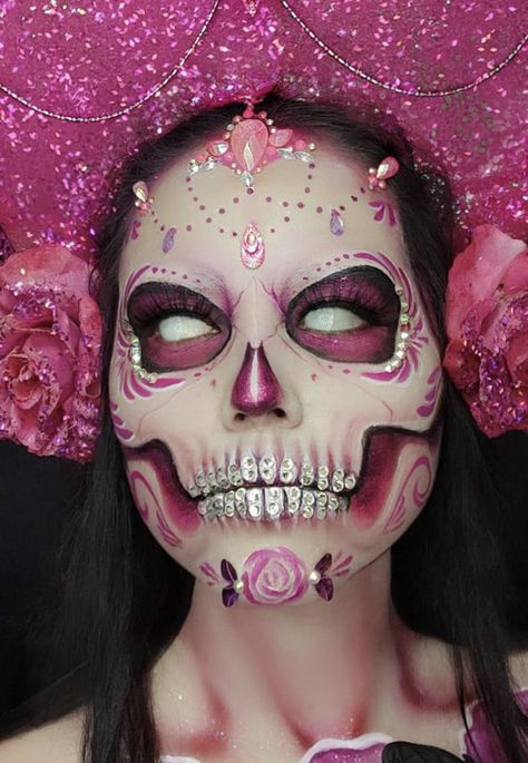 Pink Skull Makeup, Skull Makeup, Pink Skull, Sugar Skulls, Sugar Skull, Halloween, Makeup, Pink, Make Up