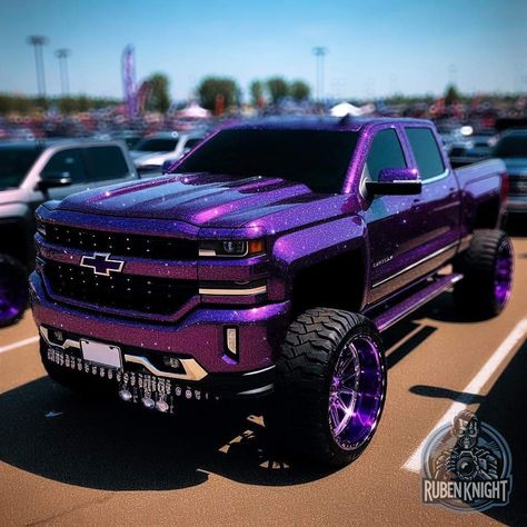 Tall Trucks, Truck Aesthetic, Purple Truck, Green Truck, Black And Purple, Purple And Green, Semi Trucks, Dark Purple, Jeep