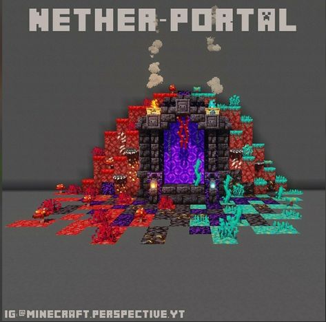 Minecraft Builds Nether Portal, Minecraft Awesome Builds, Minecraft Nether Statue, Minecraft Portal Design Nether, Minecraft Nether Portal Design Ideas, Minecraft Portal House, Minecraft Nether Builds Ideas, Nether Portal Decoration, End Portal Design Minecraft