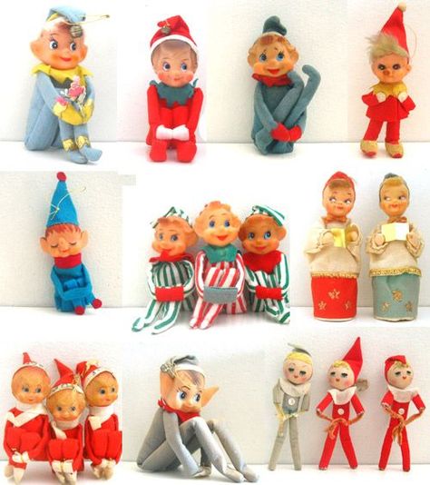 vintage collection christmas knee hugger pixie elves: Vintage Elf Ornaments, Knee Hugger Elves, Vintage Playground, Childhood Christmas, Christmas Kitsch, Kitsch Christmas, Knee Hugger, Christmas Elves, Christmas Classic