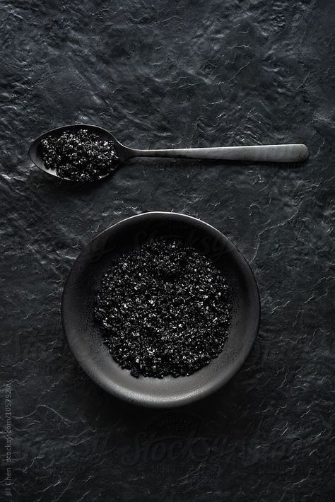 Black image, charcoal sea salt crystals on dark crockery and slate Black Color Photography, Things That Are Black, Black Color Image, Charcoal Aesthetic, Black Items, Black Things, Everything Black, Black Stuff, Black Like Me