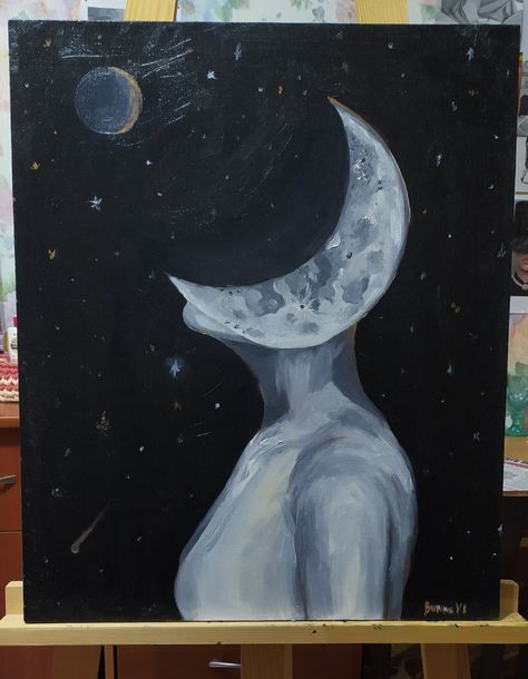 Paints On Canvas Aesthetic, Painting Ideas On Canvas Artist, Cute Dark Paintings, Moon Drawing Canvas, Space Painting Aesthetic, Painting Ideas On Canvas Person, Moon Painting Aesthetic Easy, Canvas Painting Ideas Women, Cute Moon Paintings