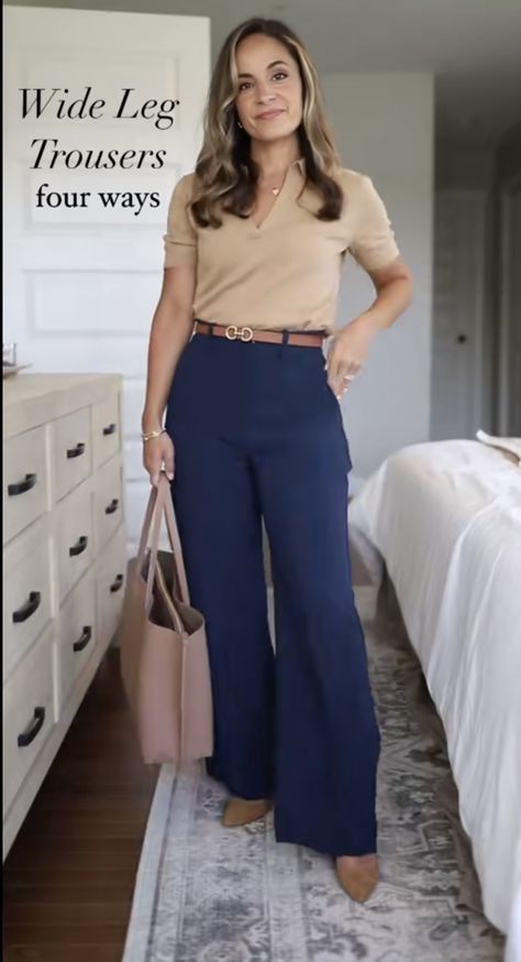 Wide Leg Navy Pants Outfit, Navy Blue Blouse Outfit, Creative Interview Outfit, Navy Pants Outfit Work, Navy Blue Pants Outfit, Navy Pants Outfit, Goal Outfits, Blue Pants Outfit, Court Outfit