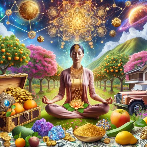 Experience the power of the universe in this idyllic image; a meditator among vibrant gardens, abundant fruits, treasure, seekers house, luxury car, money. All symbols of prosperity, hinting at the universe's response to manifesting wealth. Visit the link to learn more. #Manifestation #Prosperity #Wealth #Meditation #Universe #Abundance Prosperity Aesthetic, Wealth Visualization, Money Miracles, Universe Abundance, Meditation Universe, Abundance Images, Car Money, Power Of The Universe, Lucky Boy