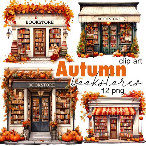 Autumn Bookstore, Book Clip Art, Kindle Stickers, Bookstore Cafe, Fall Designs, Bookish Merch, Unique Fall, Autumn Scenes, Blog Themes