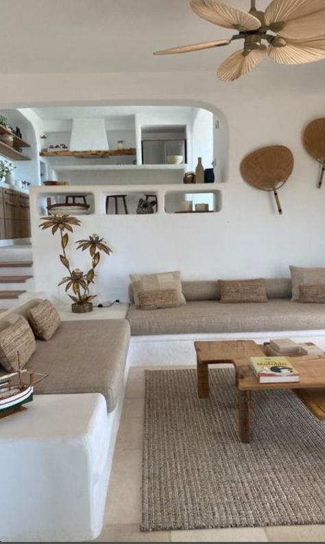 Raw Earthy Interior, Ibiza House Style, Greece Aesthetics House, Desert House Interior Design, Ibiza Home Style, Ibiza Decor Interiors, Modern Beach House Decor Coastal Style Interior Design, Deco Ibiza Inspiration, Built In Couch Living Room