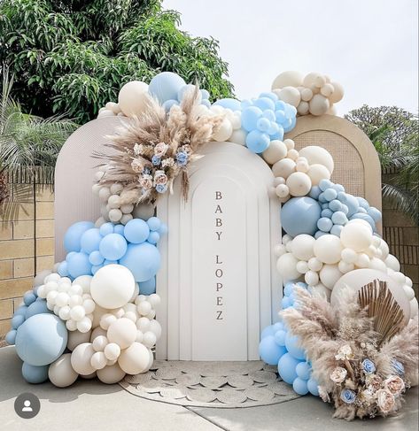 Blue Boho Balloon Garland, Baby Blue Balloon Arch, Blue Arch Backdrop, Christening Backdrop Boy, Arch Backdrop Gender Reveal, Blue Theme Party, Baby Shower Boy Ideas, Noah’s Arch Baby Shower Theme, Double Stuffed Balloons