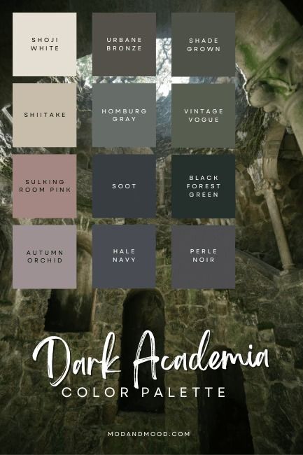 Link to Dark Academia post Moody Color Palette Master Bedrooms, Color Swatches For Home, Dark Green Room Palette, Moody Romance Color Palette, Dark Academia Aesthetic Bedroom Wall Color, Dark Green Mauve Color Palette, Dark Academia Room Color Palette, Dark Academia Aesthetic Paint Colors, Sherwin Williams Goth Aesthetic