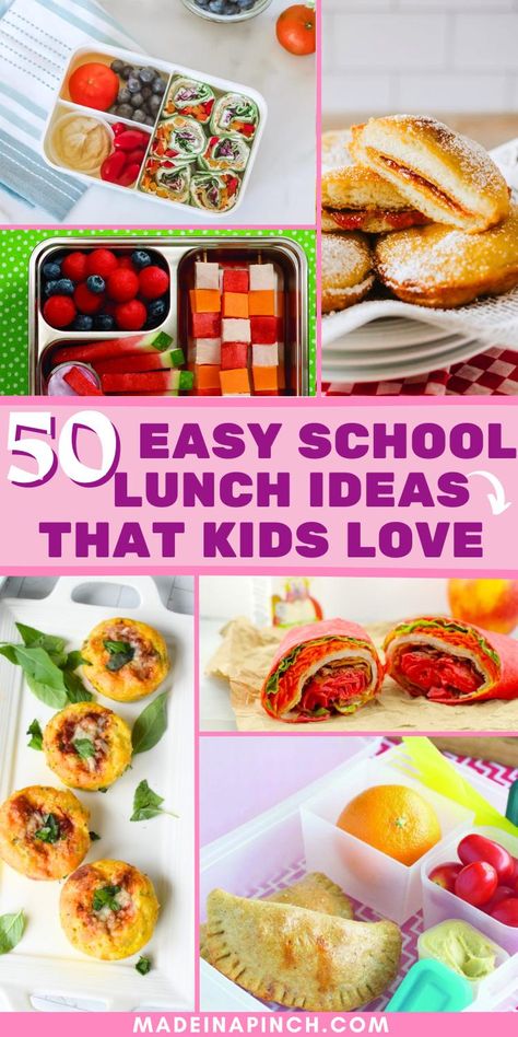 collage image of school lunch ideas for kids with text overlay Children’s Lunch Ideas, Kids Pack Lunch Ideas, Easy Pre Made Lunches, Vegan School Lunch For Kids, Ideas For Kids Lunches Schools, Teacher Conference Meal Ideas, 5 Min Lunch Ideas, Kids Lunch Ideas Healthy, Meal Prep For Kids Lunches