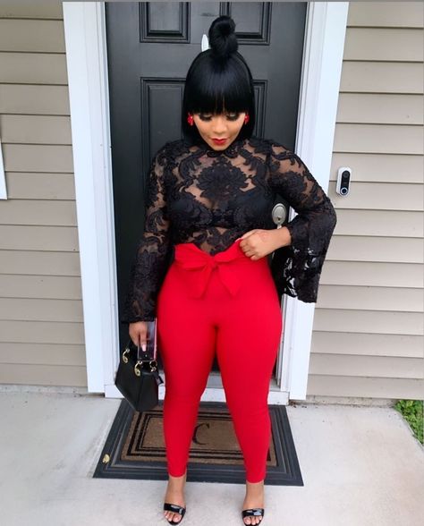 Red And Black Outfits For Women Classy, Red And Black Outfits For Women, Black And Red Outfit Classy, Red Black And White Outfit Ideas, Red And Black Outfits Baddie, Red Outfits Black Women, Black White Red Outfit, Red Tshirt Outfit, Anniversary Dinner Outfit