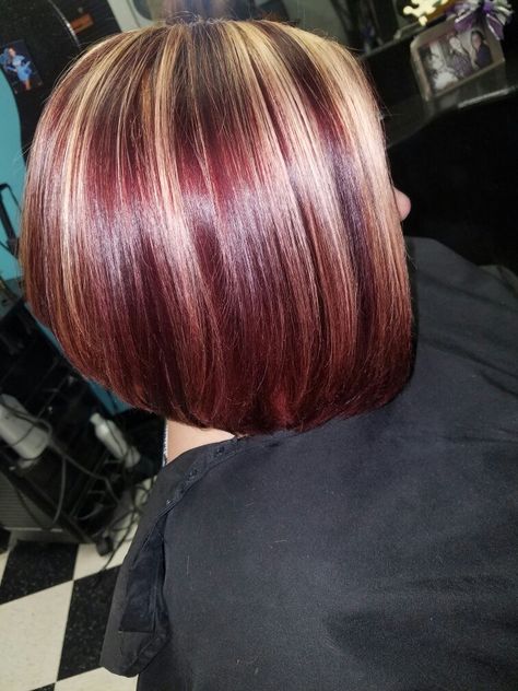 Blonde Hair With Burgundy Highlights, Red Violet Hair Color With Highlights, Burgundy Hair With Blonde Highlights, Burgundy And Blonde Hair, Cherry Red Hair With Blonde Highlights, Red Hair Going Grey, Red Blonde Balayage, Red Violet Balayage, Burgundy Blonde Hair