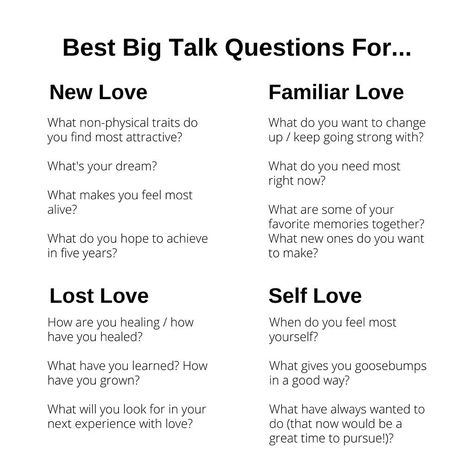 BIG TALK on Instagram: “Top row is for asking your partner. Bottom row is for asking yourself! :) #makebigtalk #bigtalk #deepquestions #lifequestions…”