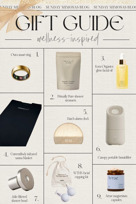 BEST Wellness Gifts for women this holiday season! This is our first holiday gift guide 2024 that we're posting! In this self care & wellness gift guide, we're sharing the top health and wellness gifts including the CurrentBody infrared sauna blanket, the Hatch alarm clock, the Oura ring, our favorite facial cupping kit and more! Check out our latest post for more Christmas gift ideas for everyone on your list. Must Have Self Care Items, Self Care Wishlist Ideas, Wellness Christmas Gifts, Gift Guide Design Layout, Wellness Gifts For The Festive Season, Christmas Self Care Gift Ideas, Wellness Gift Guide, Wellness Post Ideas, Christmas Gift Guide 2024