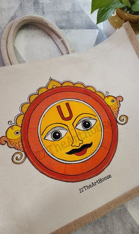 Madhubani sun painted on Canvas tote bag Marathi Months Painting, Madhubani Sun Paintings, Madhubani Paintings Traditional, Alpona Art, Madhubani Motifs, Madhubani Paintings Peacock, Diy Bag Painting, Madhubani Saree, Phad Painting