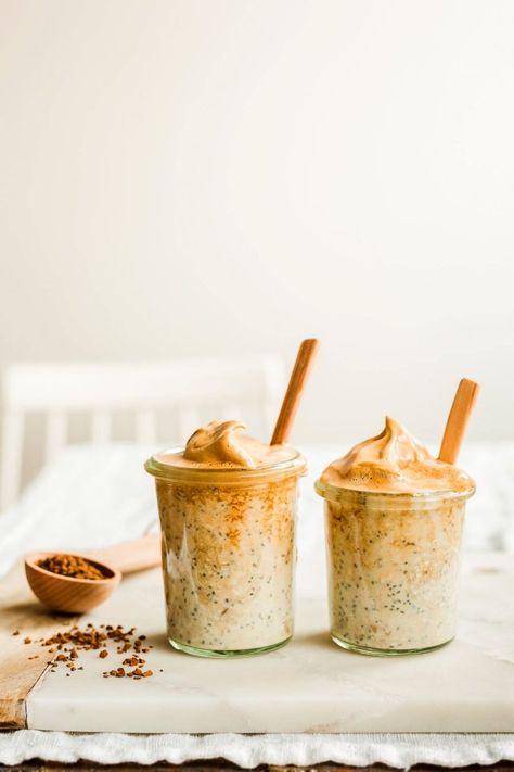 WHIPPED COFFEE OVERNIGHT OATS | My Berry Forest Coffee Overnight Oats, Chia Overnight Oats, Whipped Coffee, Vegan Whipped Cream, Coffee Granules, Coffee Dessert, Overnight Oats Recipe, Oats Recipes, Vegan Breakfast