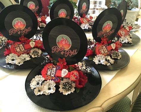 Rock And Roll Themed Centerpieces, Rock Quinceanera, Rock Sweet 16, Rock N Roll Centerpiece Ideas, Rick And Roll Party Ideas, Rock And Roll Theme Party Decorations, Rock And Roll Centerpiece Ideas, Vinyl Record Centerpiece Ideas, Rock And Roll Centerpieces