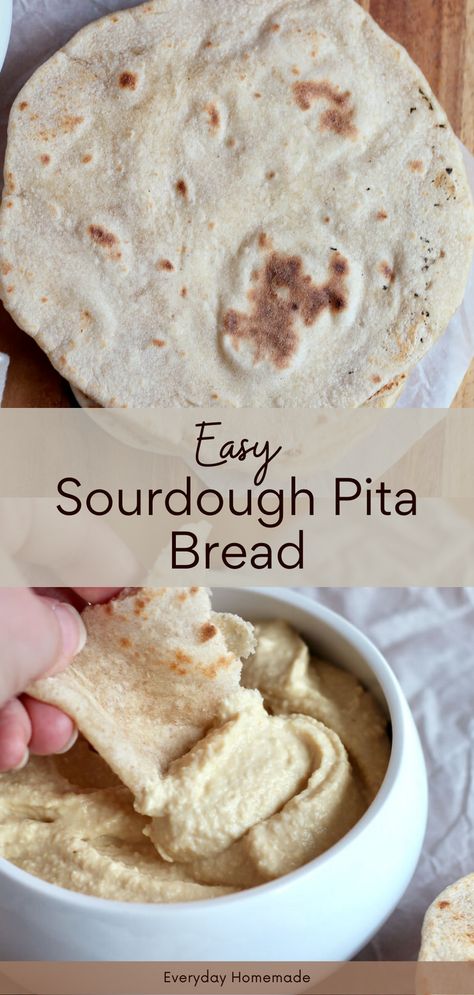 Whip up these soft, Easy Sourdough Pita Bread pockets using sourdough starter discard! This no-yeast, no-knead recipe is perfect for busy days - ready the same day and cooked quickly on the stovetop in a skillet. Freezer-friendly for convenience, enjoy it with hummus, salads, or as a sandwich wrap. Discard Pita Bread, Sourdough Pita Bread Recipe, Sandwich Pockets, Sourdough Pita Bread, Sourdough Tortillas Recipe, Sourdough Pita, Using Sourdough Starter, Homemade Sourdough Bread Recipes, Pita Recipe